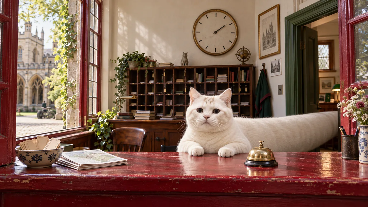 A campus arrival office with a bell, visitor maps and Longcat at the counter.