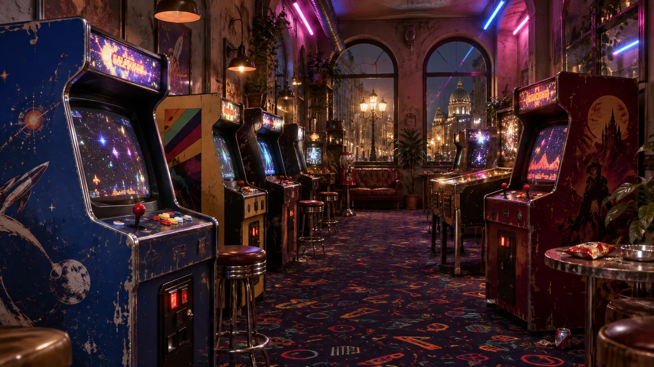 A worn arcade at night, with illuminated cabinets and patterned carpet.