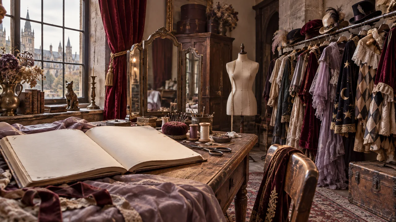 A costume and continuity room with a wardrobe rail, sewing tools and an open scrapbook.