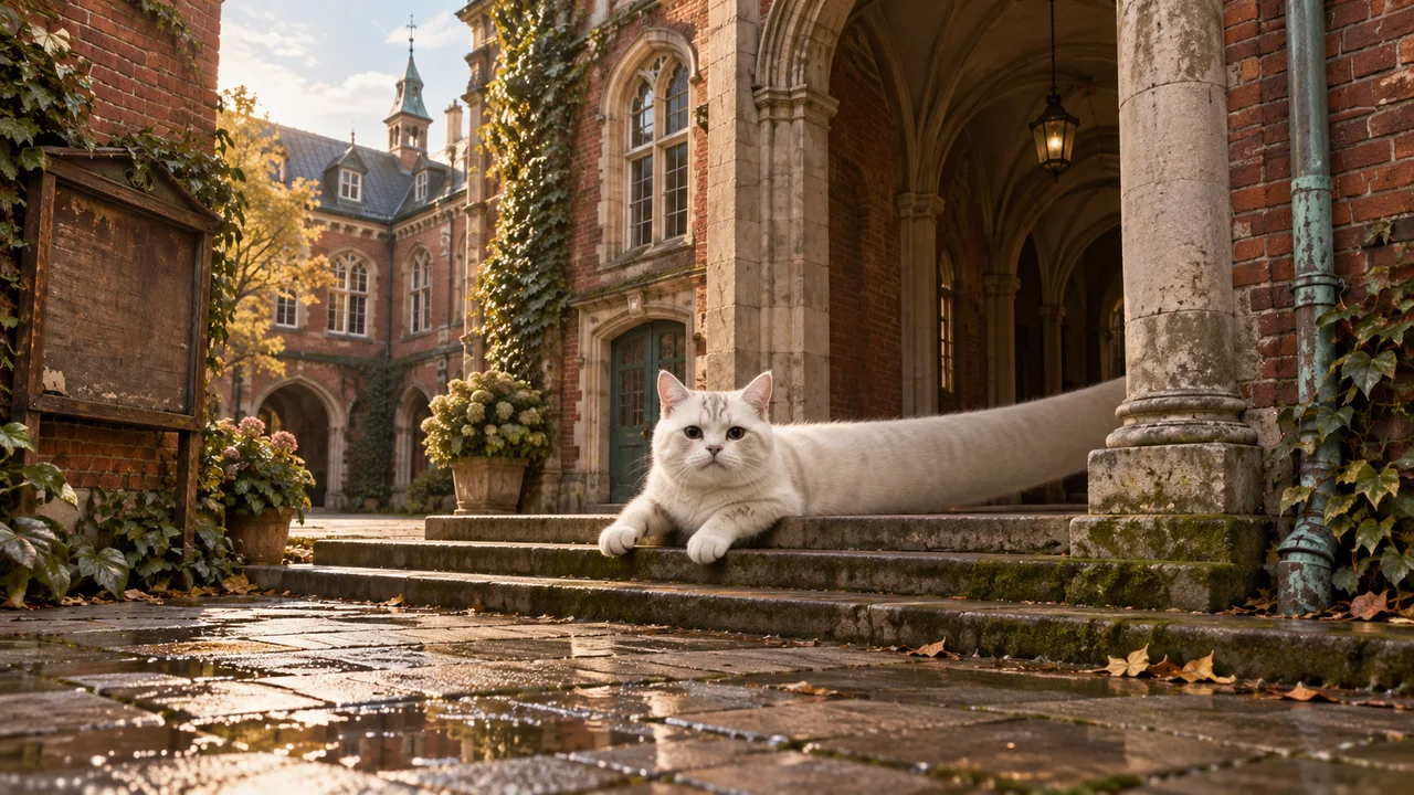 Longcat lies across the steps of a brick school, his long body disappearing into an arched passage.