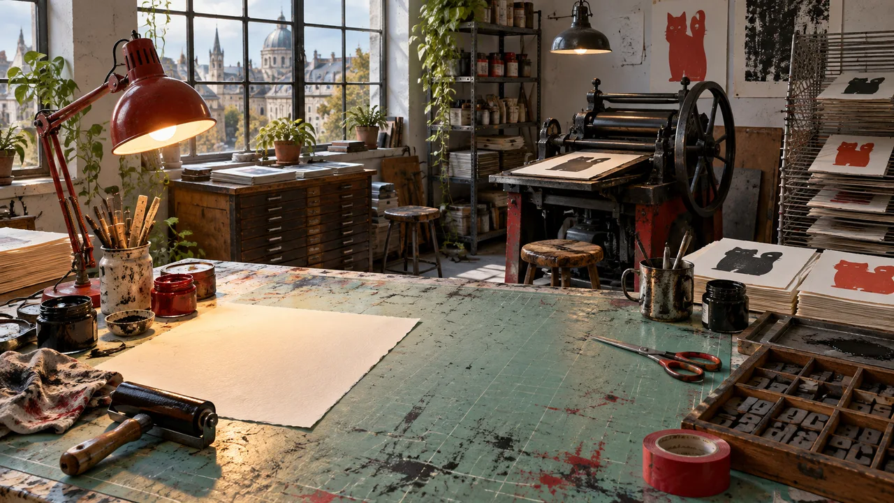 A sunlit print studio with an ink-stained cutting table, a red lamp and a letterpress.