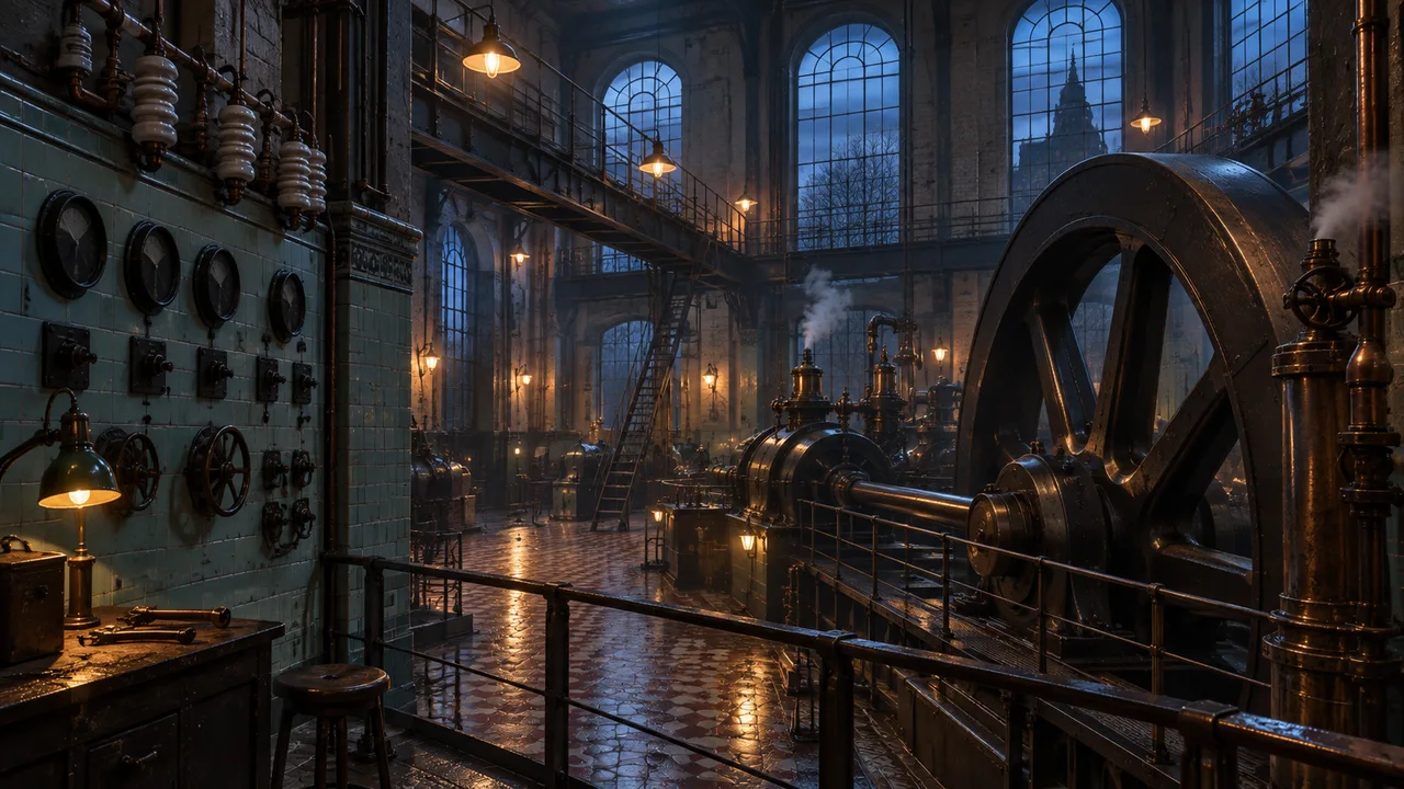A vast tiled machine hall with a cast-iron flywheel, copper pipes and dusk-blue windows.