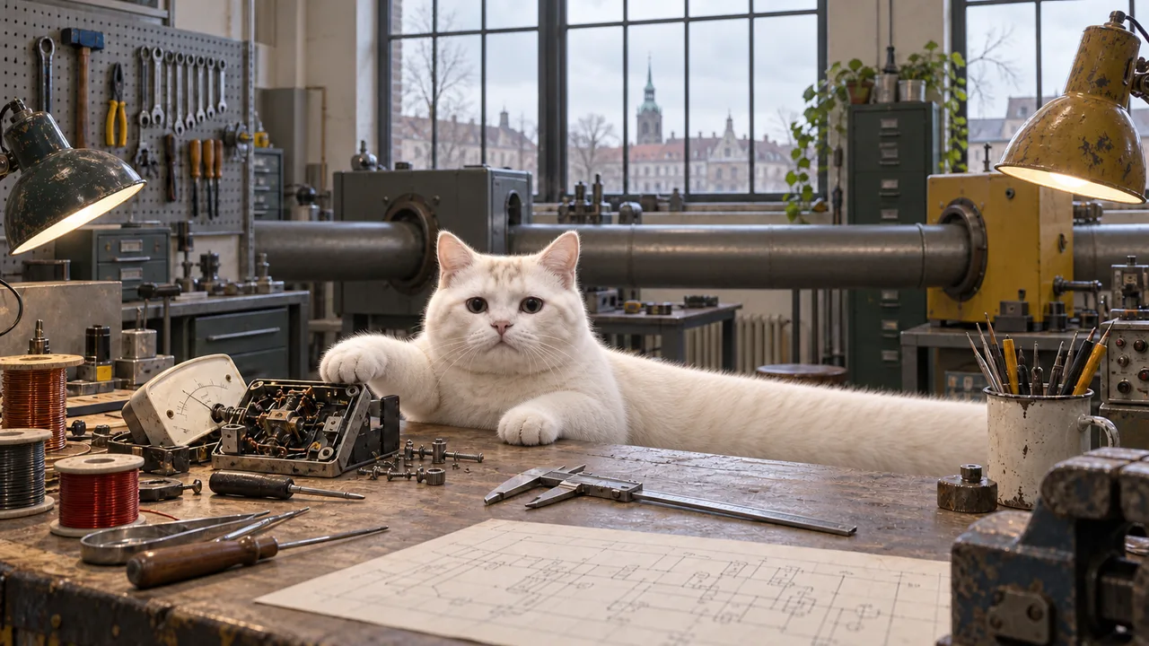 A workshop bench with measuring instruments, wires and technical drawings.