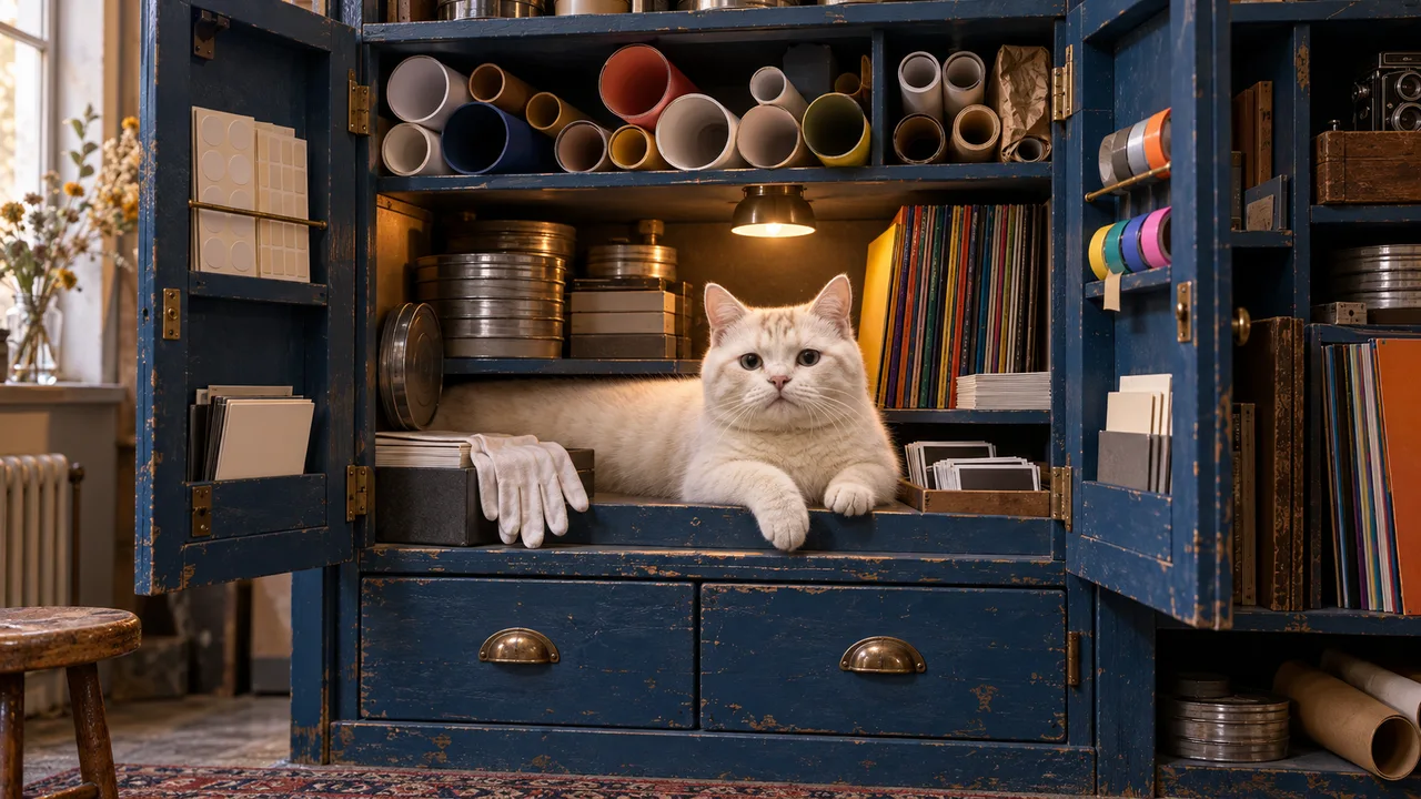 A worn blue cupboard holds film cans, paper, records and a very long cat.