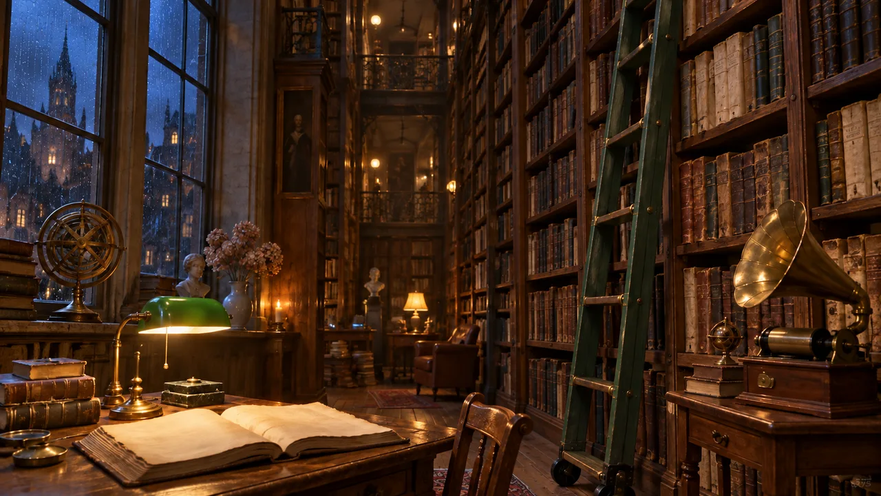 Tall library shelves, a green ladder, lamplight and a reading desk beside rain-streaked windows.
