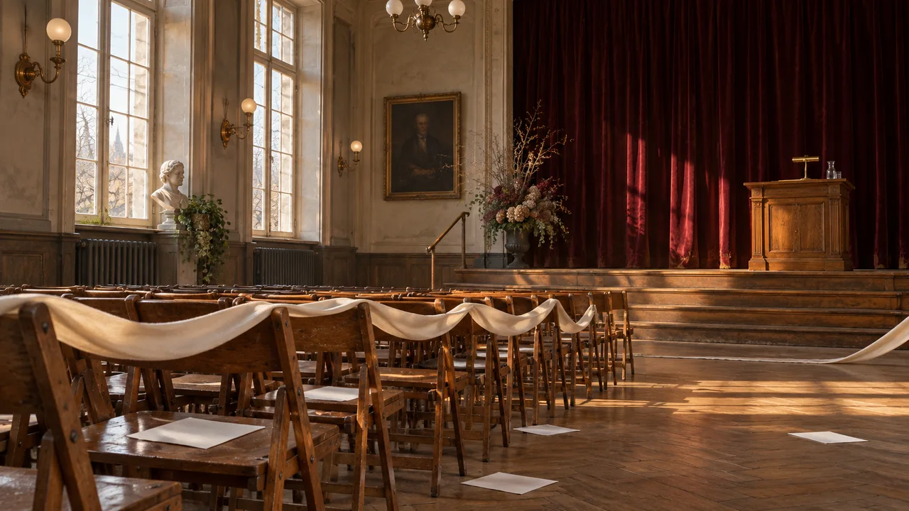 An empty assembly hall with a lectern and scattered printed pages.