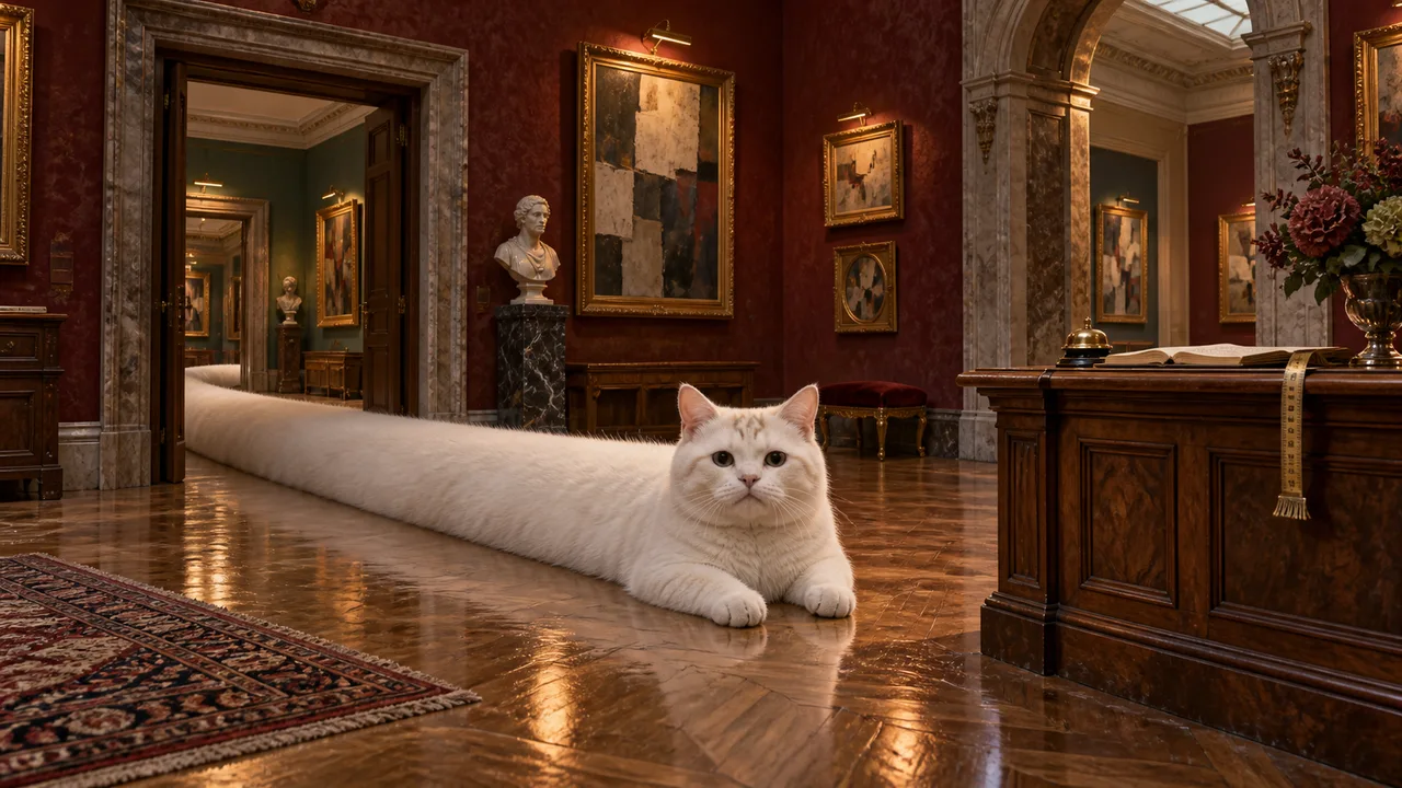 A grand museum gallery with deep red walls, gilded frames and a curator desk.