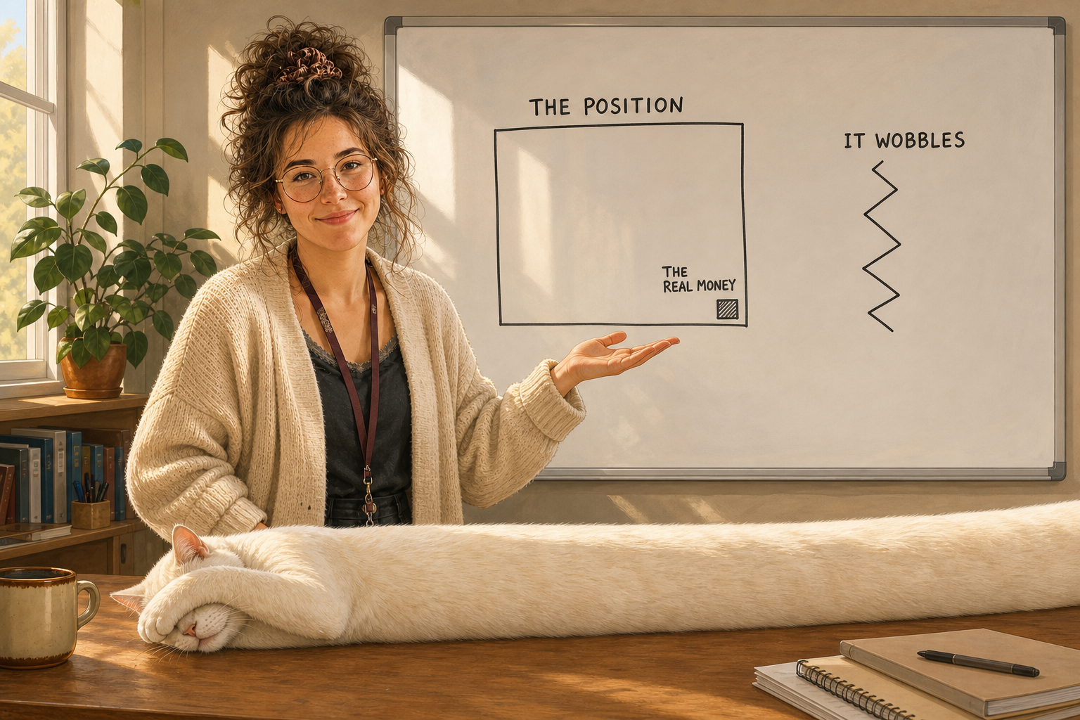 Astrid at a whiteboard explaining the position