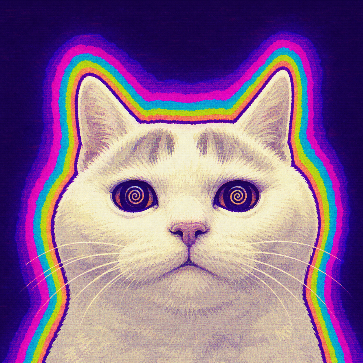 illustrated longcat portrait, spiral eyes