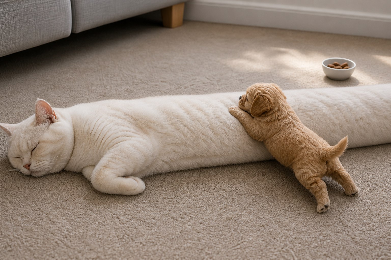 Puppy Climbs the Sleeping Cat