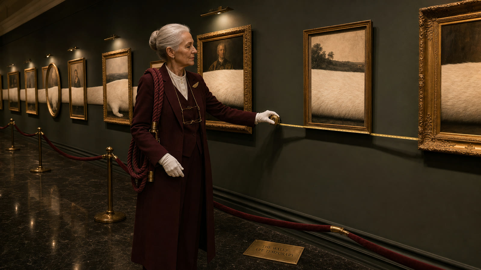 Margit, the curator, measuring the walls