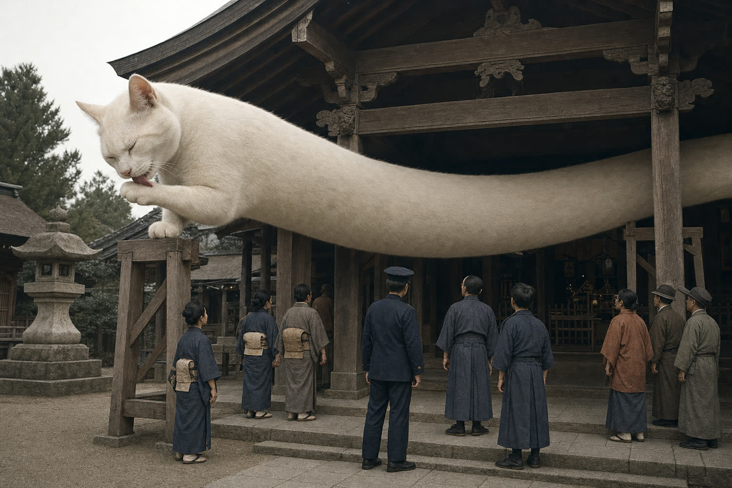 Shrine guardian grooms above worshippers