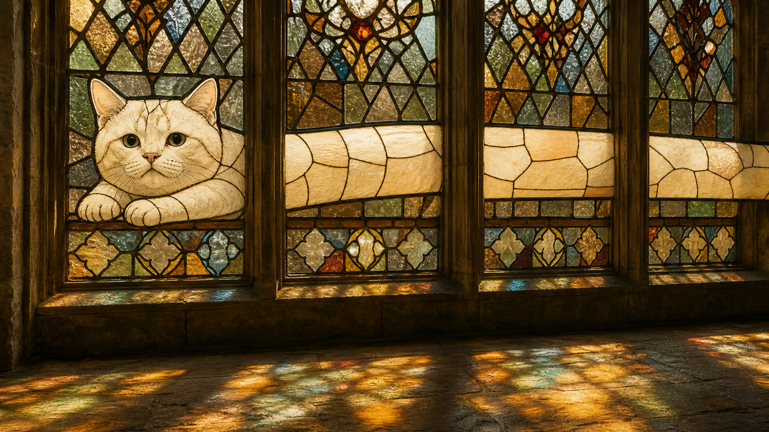 Stained glass cat spans lancets